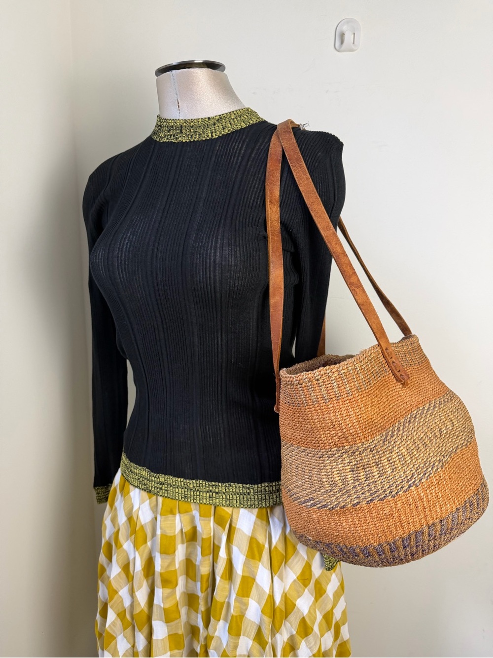 Vintage Sisal & Leather Woven Handmade Oval Basket Market Shoulder Bag Bohemian